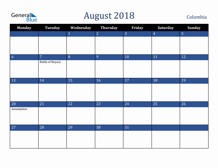 August 2018 Colombia Calendar (Monday Start)