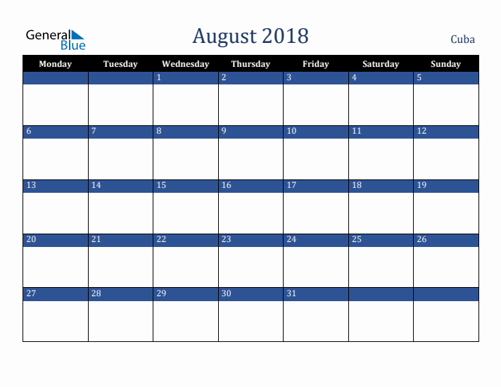 August 2018 Cuba Calendar (Monday Start)