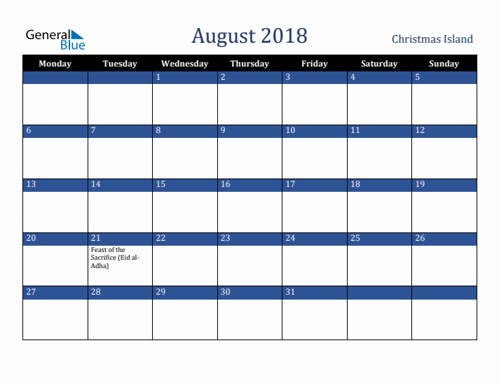 August 2018 Christmas Island Calendar (Monday Start)