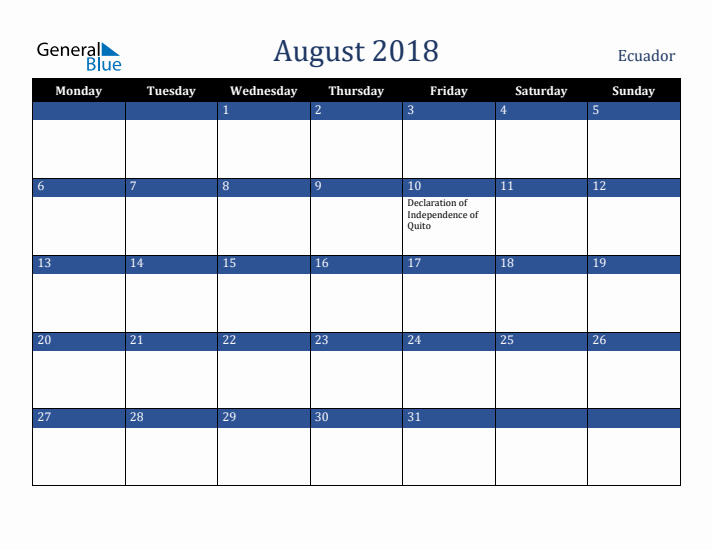 August 2018 Ecuador Calendar (Monday Start)