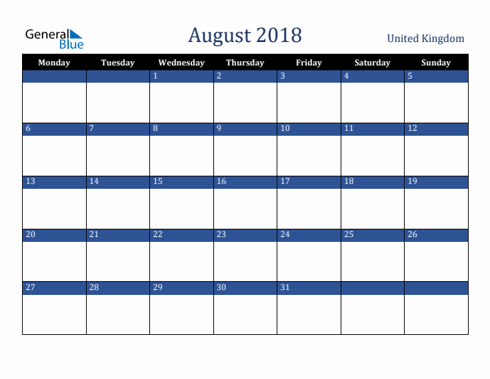 August 2018 United Kingdom Calendar (Monday Start)