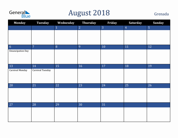 August 2018 Grenada Calendar (Monday Start)