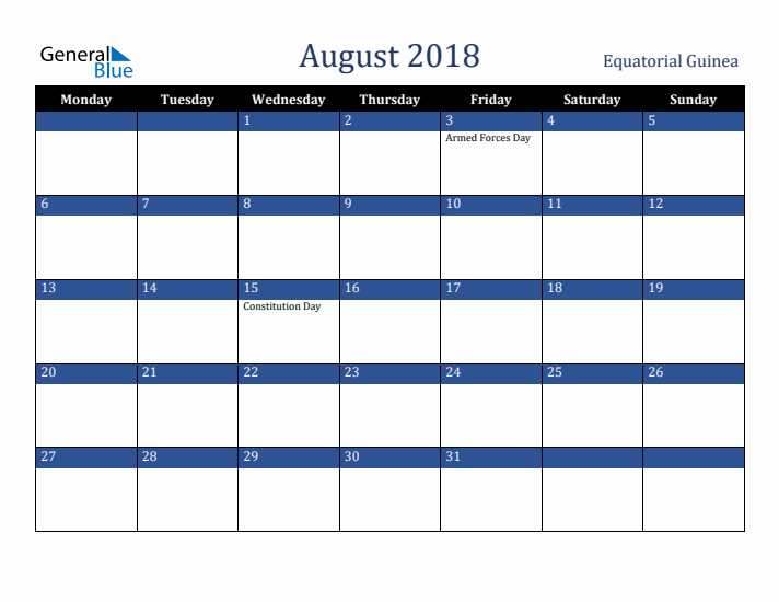 August 2018 Equatorial Guinea Calendar (Monday Start)
