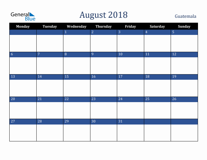 August 2018 Guatemala Calendar (Monday Start)