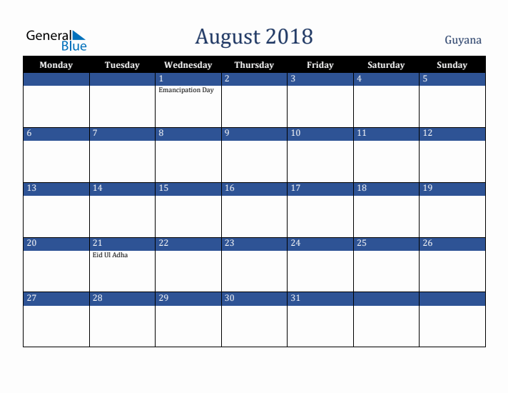 August 2018 Guyana Calendar (Monday Start)