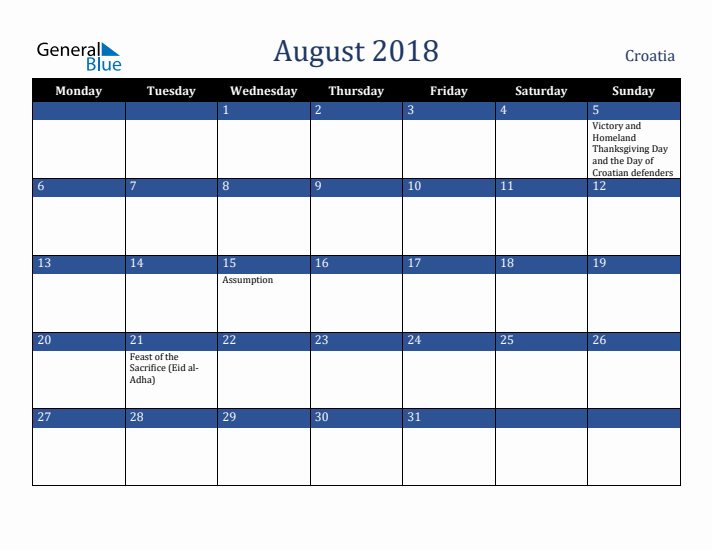 August 2018 Croatia Calendar (Monday Start)