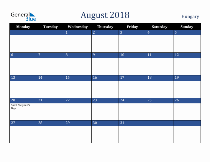 August 2018 Hungary Calendar (Monday Start)