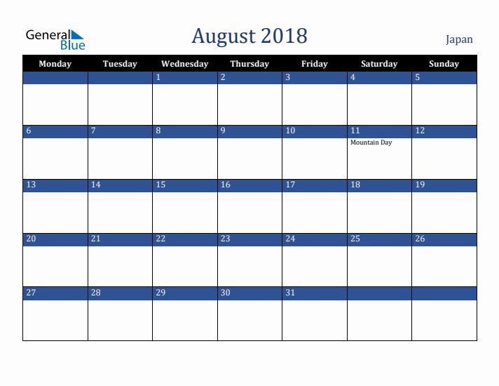 August 2018 Japan Calendar (Monday Start)