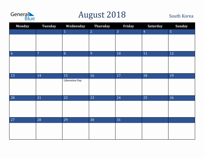 August 2018 South Korea Calendar (Monday Start)