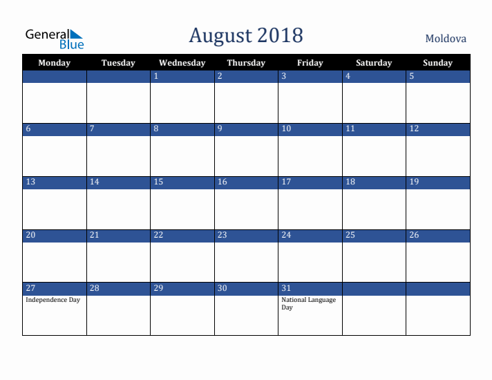 August 2018 Moldova Calendar (Monday Start)