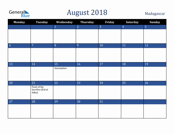 August 2018 Madagascar Calendar (Monday Start)