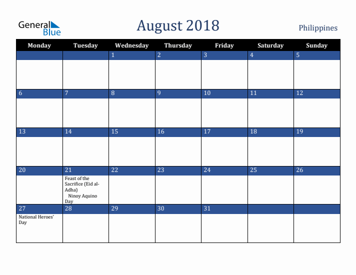 August 2018 Philippines Calendar (Monday Start)
