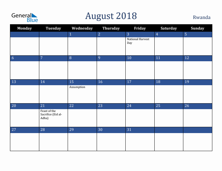 August 2018 Rwanda Calendar (Monday Start)