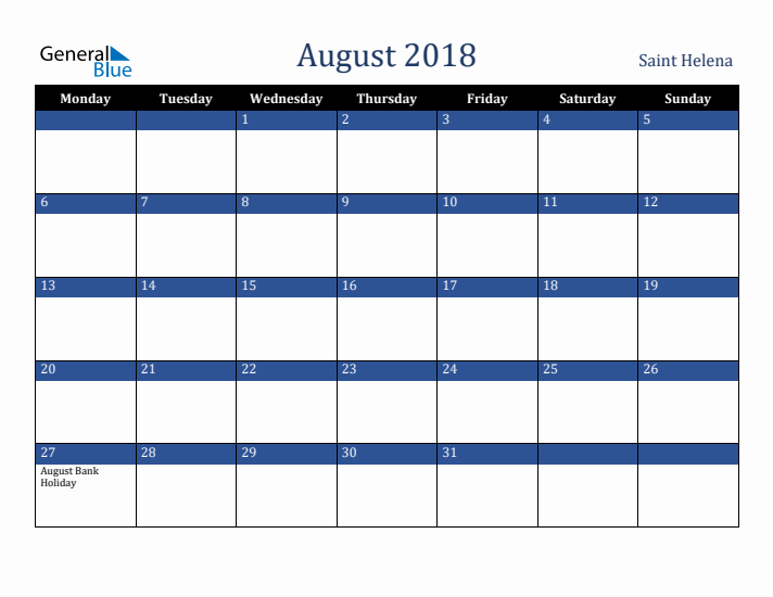 August 2018 Saint Helena Calendar (Monday Start)