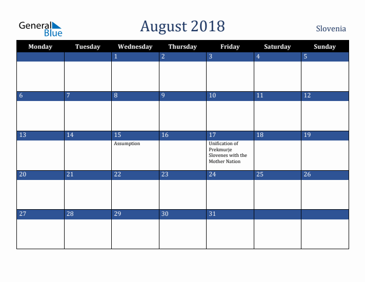 August 2018 Slovenia Calendar (Monday Start)