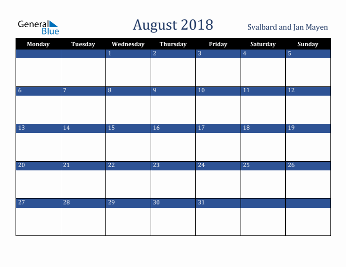 August 2018 Svalbard and Jan Mayen Calendar (Monday Start)