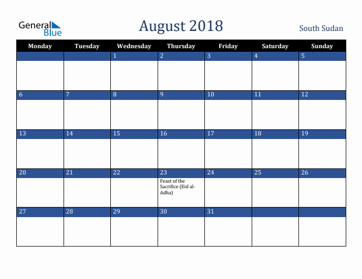 August 2018 South Sudan Calendar (Monday Start)