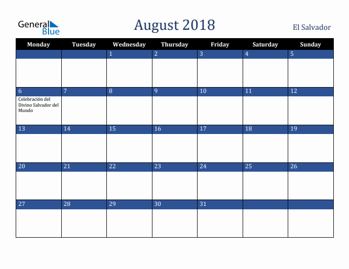 August 2018 El Salvador Calendar (Monday Start)