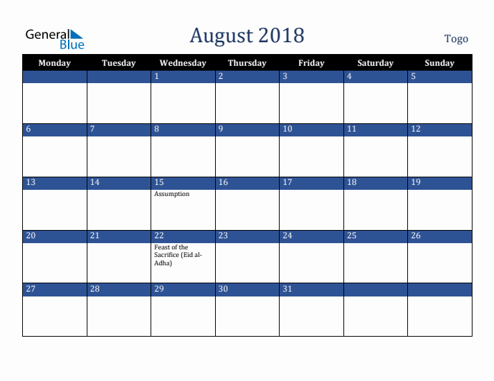 August 2018 Togo Calendar (Monday Start)