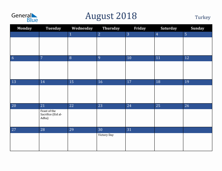 August 2018 Turkey Calendar (Monday Start)