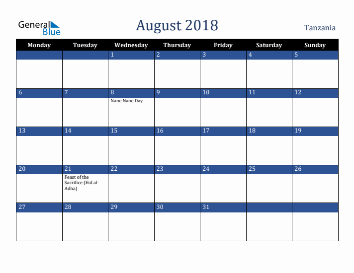 August 2018 Tanzania Calendar (Monday Start)