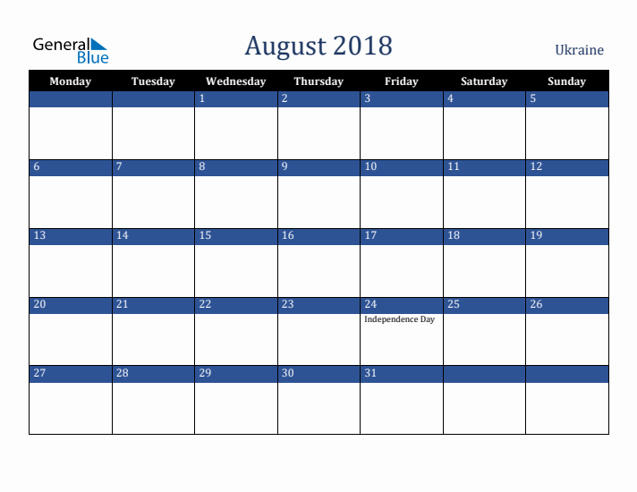 August 2018 Ukraine Calendar (Monday Start)