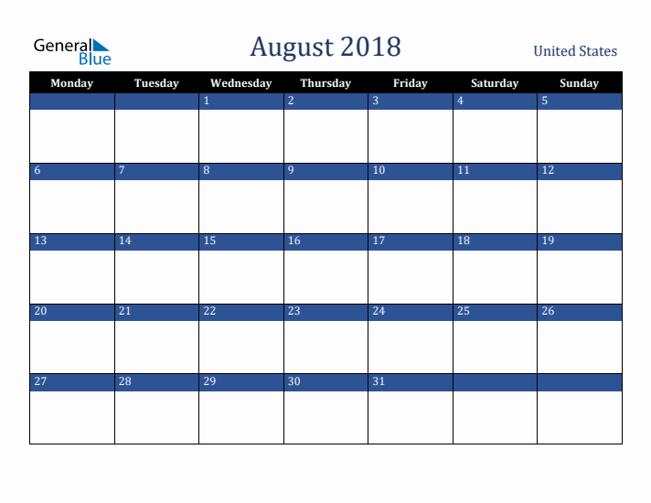 August 2018 United States Calendar (Monday Start)