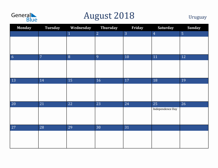 August 2018 Uruguay Calendar (Monday Start)