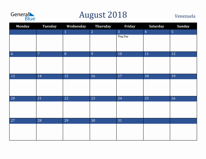 August 2018 Venezuela Calendar (Monday Start)