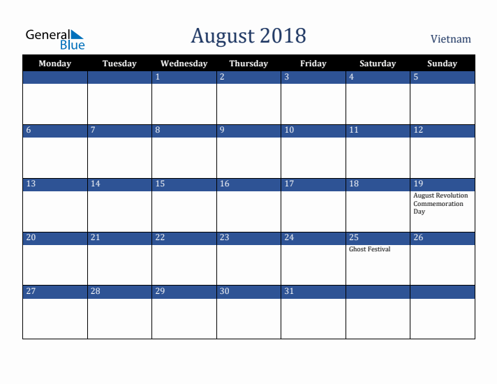 August 2018 Vietnam Calendar (Monday Start)