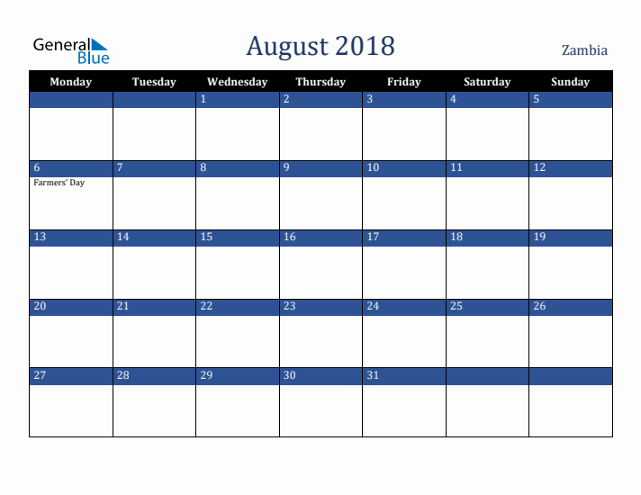 August 2018 Zambia Calendar (Monday Start)