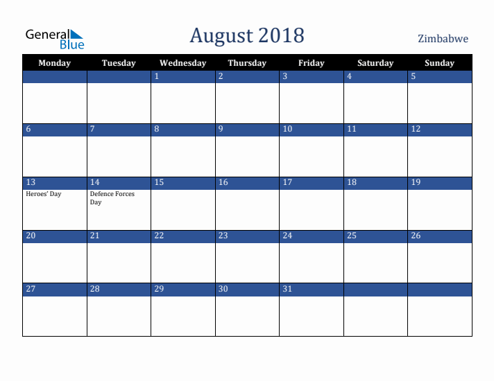 August 2018 Zimbabwe Calendar (Monday Start)