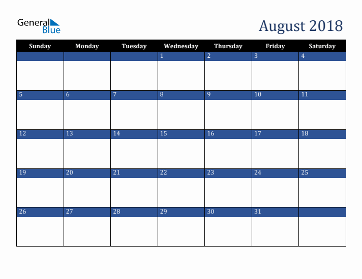 Sunday Start Calendar for August 2018