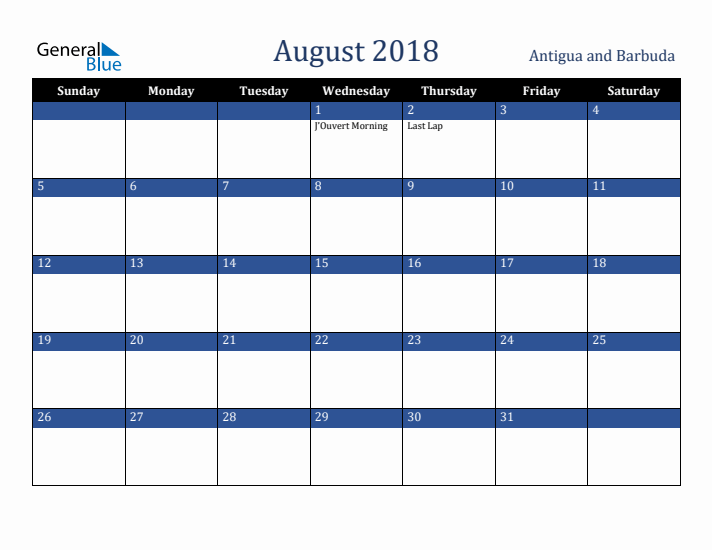 August 2018 Antigua and Barbuda Calendar (Sunday Start)