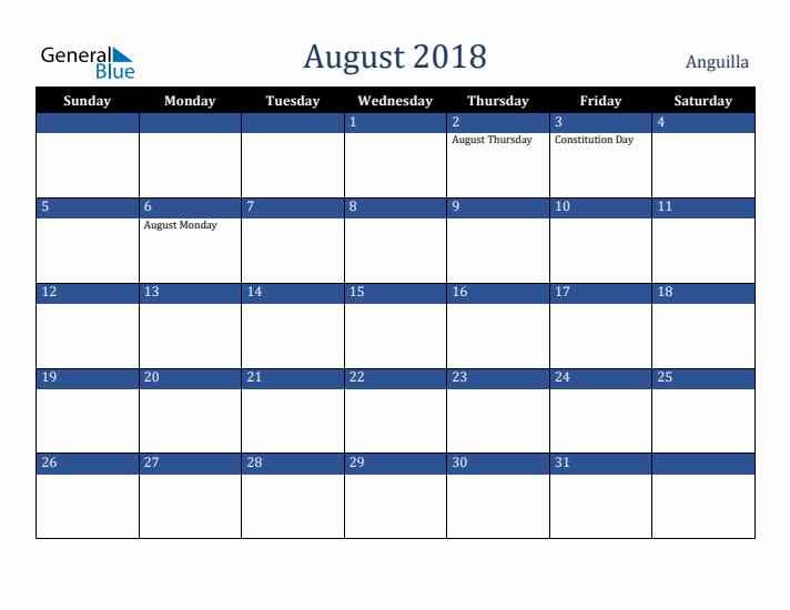August 2018 Anguilla Calendar (Sunday Start)