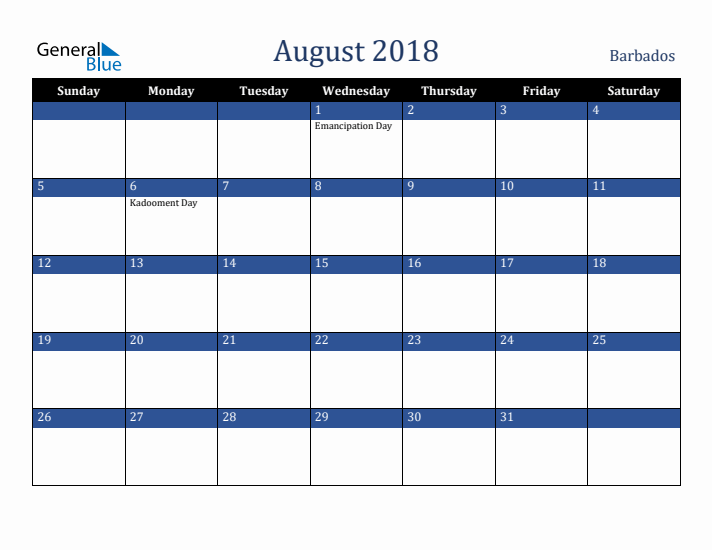 August 2018 Barbados Calendar (Sunday Start)