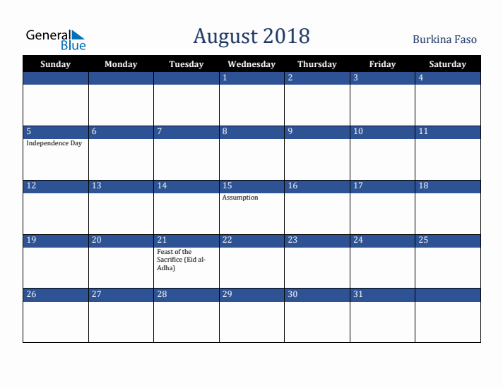 August 2018 Burkina Faso Calendar (Sunday Start)