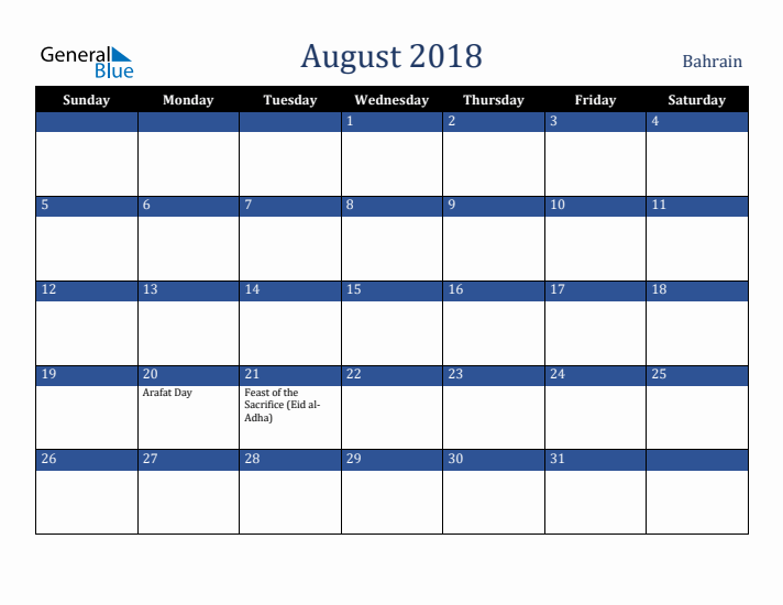 August 2018 Bahrain Calendar (Sunday Start)