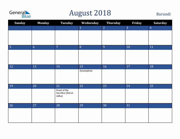August 2018 Burundi Calendar (Sunday Start)