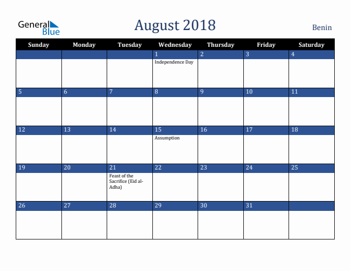 August 2018 Benin Calendar (Sunday Start)