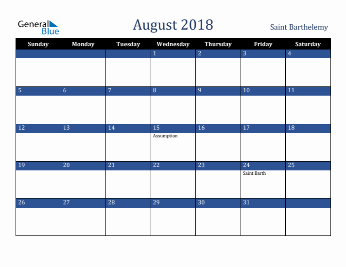August 2018 Saint Barthelemy Calendar (Sunday Start)