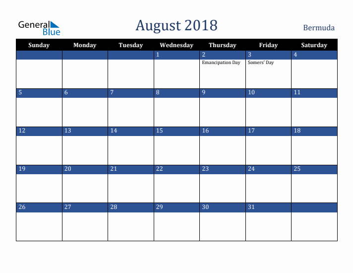 August 2018 Bermuda Calendar (Sunday Start)