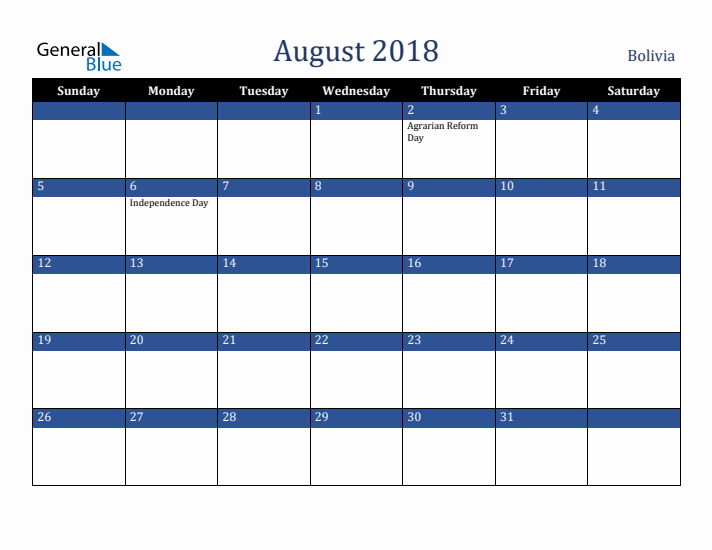 August 2018 Bolivia Calendar (Sunday Start)