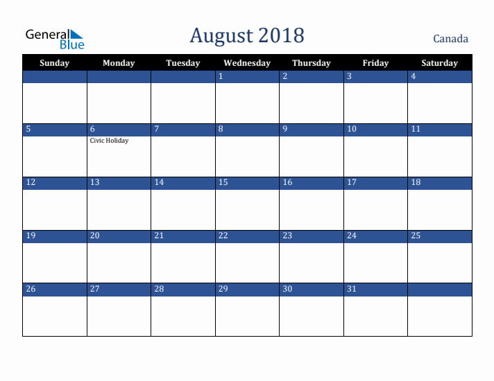 August 2018 Canada Calendar (Sunday Start)
