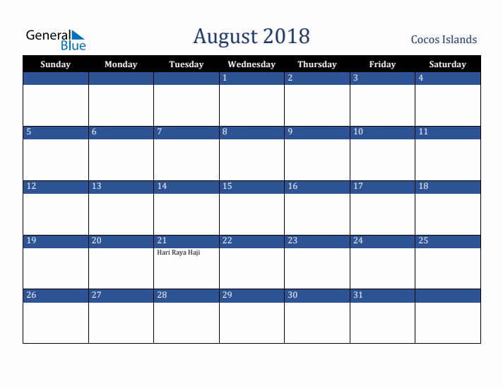 August 2018 Cocos Islands Calendar (Sunday Start)