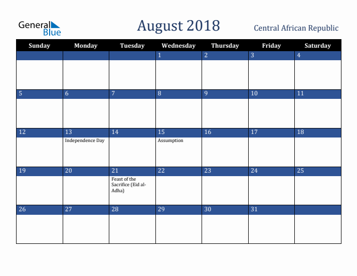 August 2018 Central African Republic Calendar (Sunday Start)