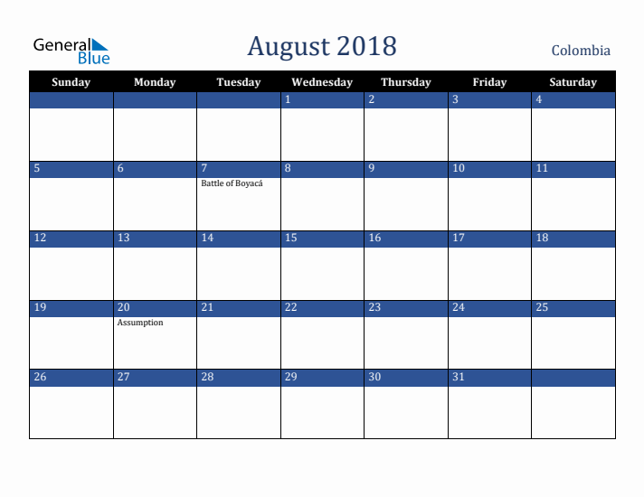August 2018 Colombia Calendar (Sunday Start)