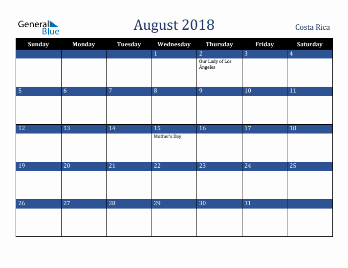 August 2018 Costa Rica Calendar (Sunday Start)