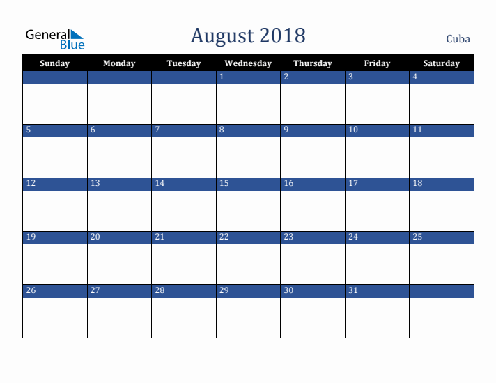 August 2018 Cuba Calendar (Sunday Start)
