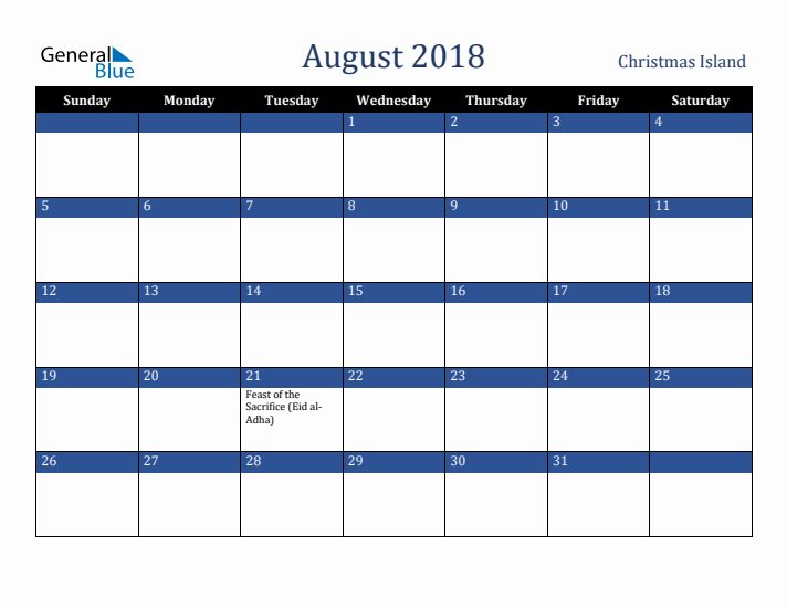 August 2018 Christmas Island Calendar (Sunday Start)